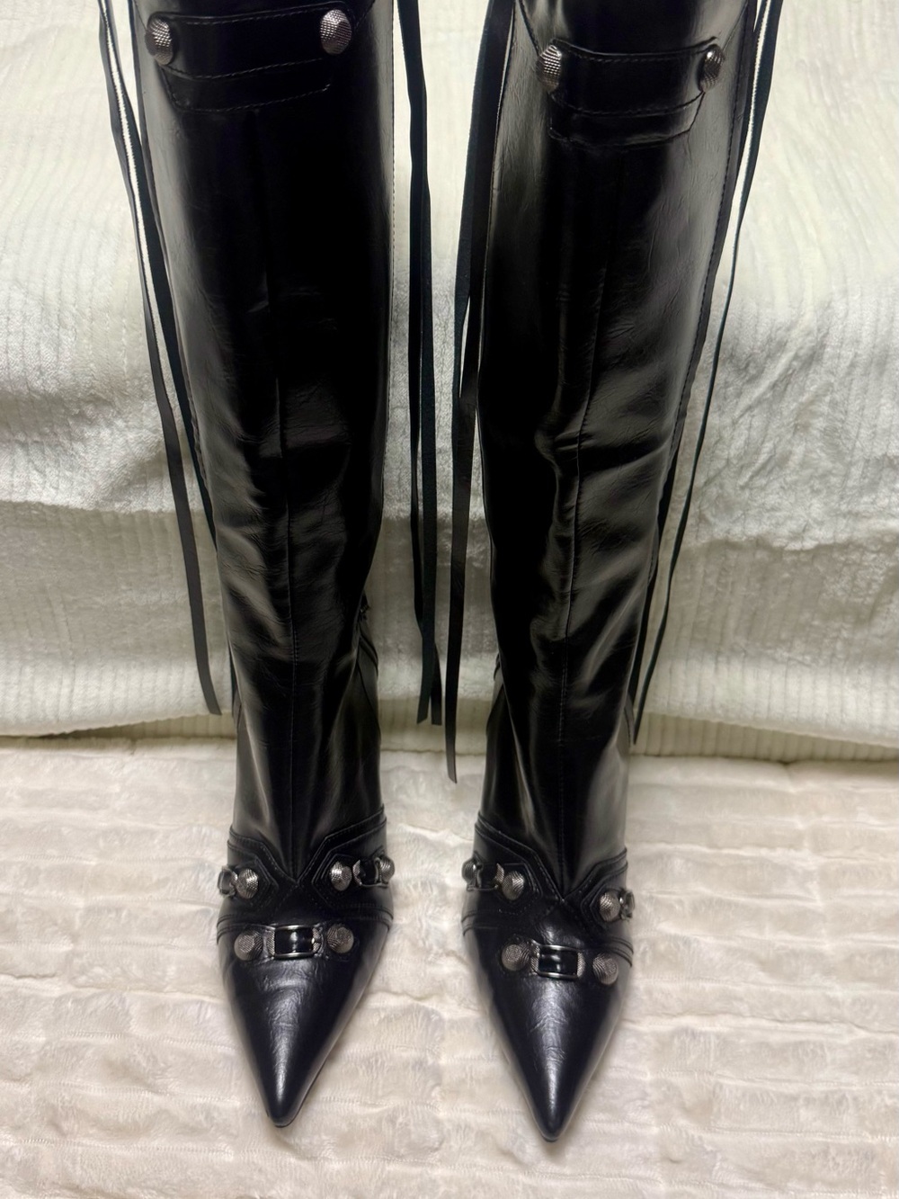 Black Leather Pointed-Toe Knee-High Boots with Stud Detail